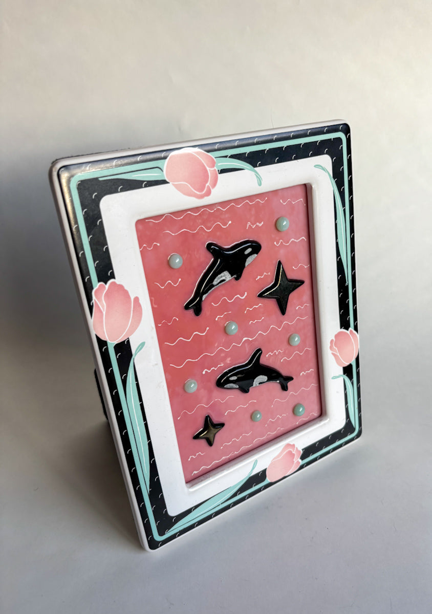 "Orcas in the Sky with Diamonds” Framed Glass Collage