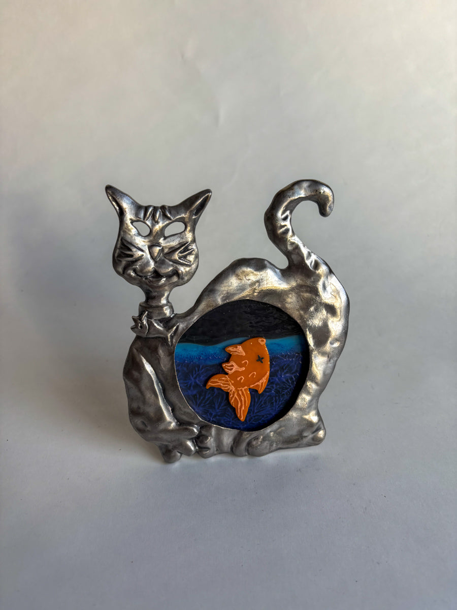 "Clovis The Cat vs. Le Poisson Steve" Framed Glass Collage