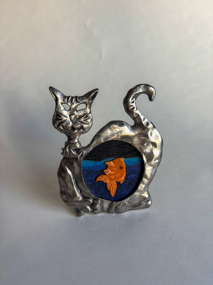 "Clovis The Cat vs. Le Poisson Steve" Framed Glass Collage