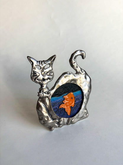 "Clovis The Cat vs. Le Poisson Steve" Framed Glass Collage