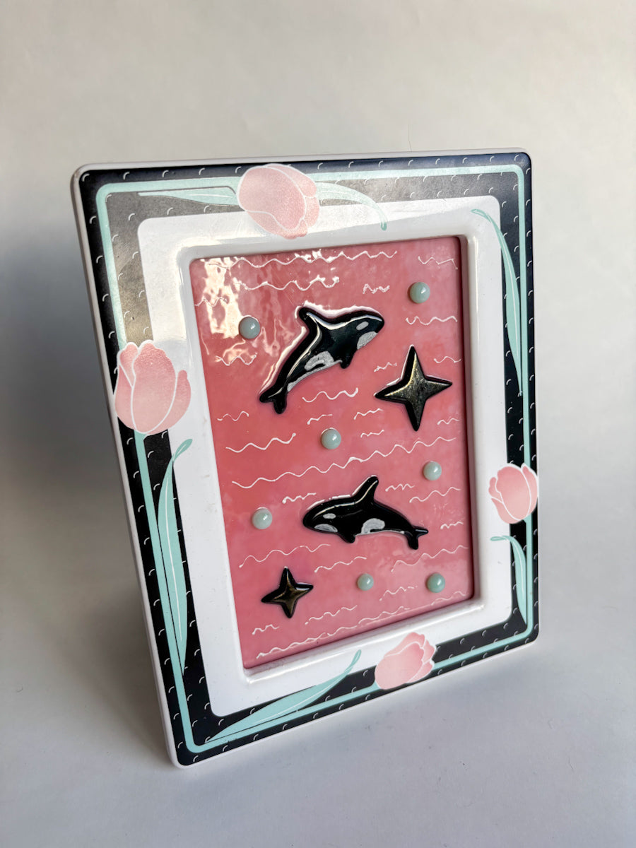 "Orcas in the Sky with Diamonds” Framed Glass Collage