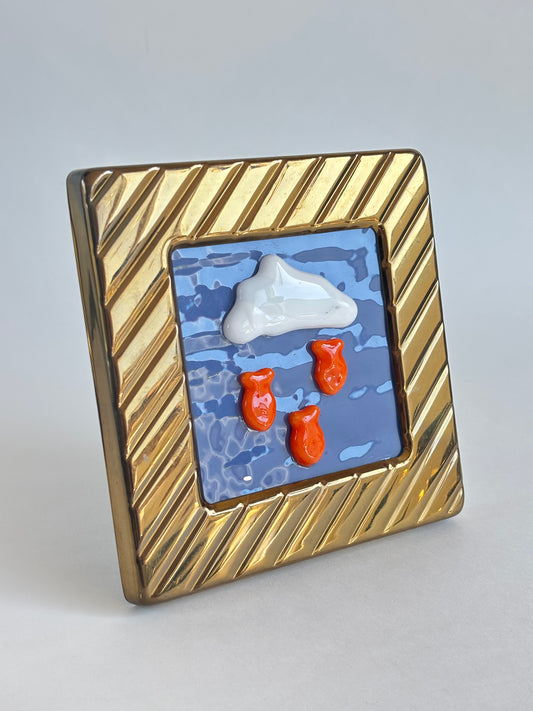 “Raining Goldfish” Framed Glass Collage